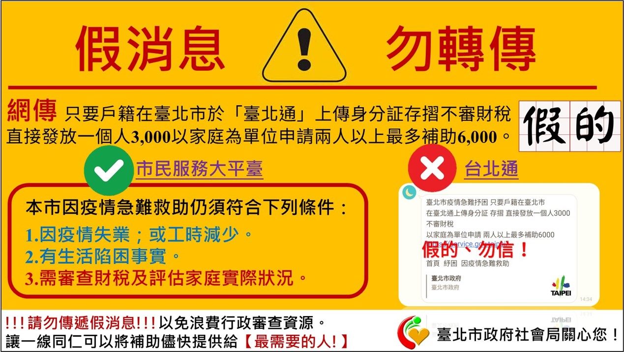 澄清LINE訊息 傳「使用台北通上傳資料即可拿補助」一事