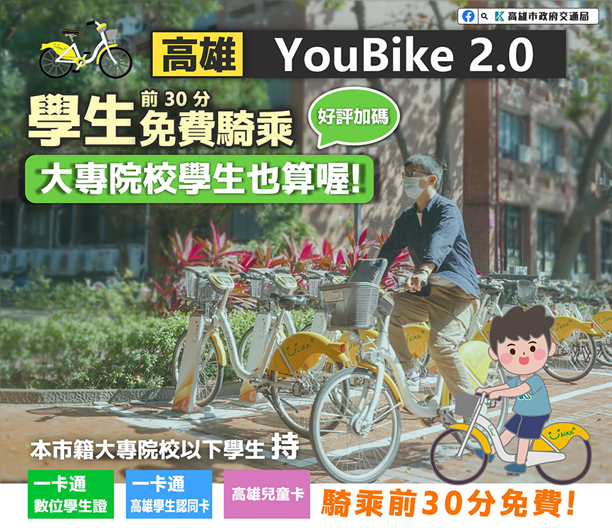 高雄YouBike學生優惠擴大  大專院校生享前30分鐘免費...