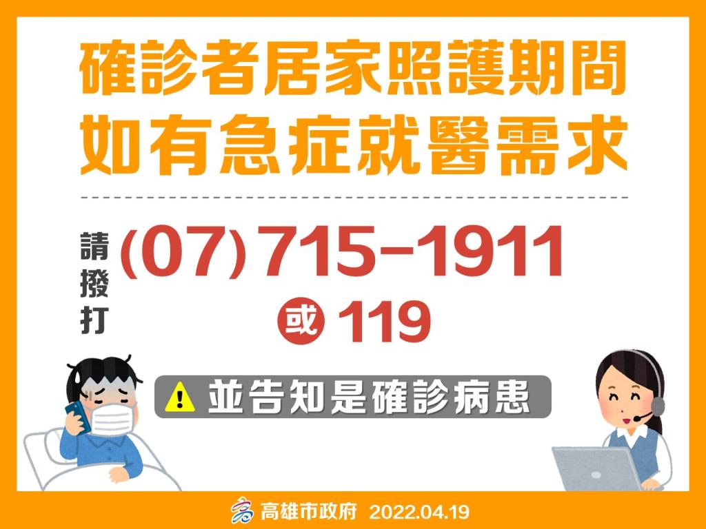 確診者居家照護期間  如有急症就醫需求請撥7151911或119...