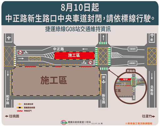 桃園捷運施工  8月10日起中正路新生路口中央車道封閉...