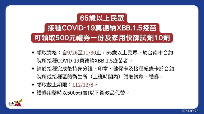 南市莫德納XBB.1.5疫苗開打  優先提供65歲以上民眾接種...