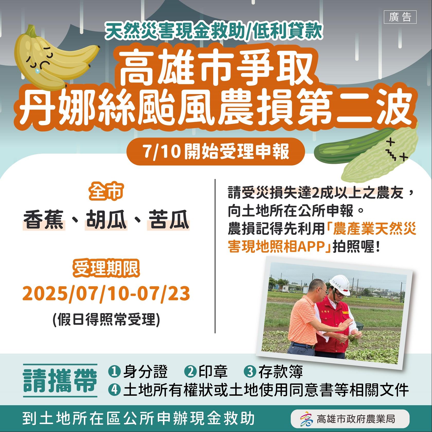 高雄市丹娜絲颱風致災救助　　第二波農損救助7/10起受理 　　