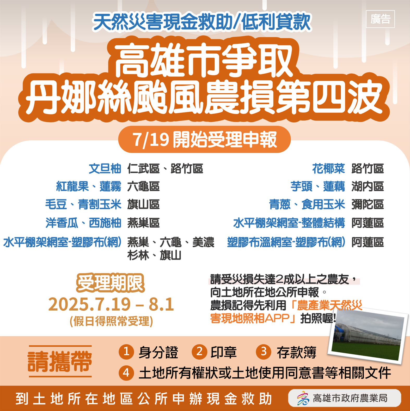 丹娜絲颱風致災第四波農損救助   高雄市7/19起受理...