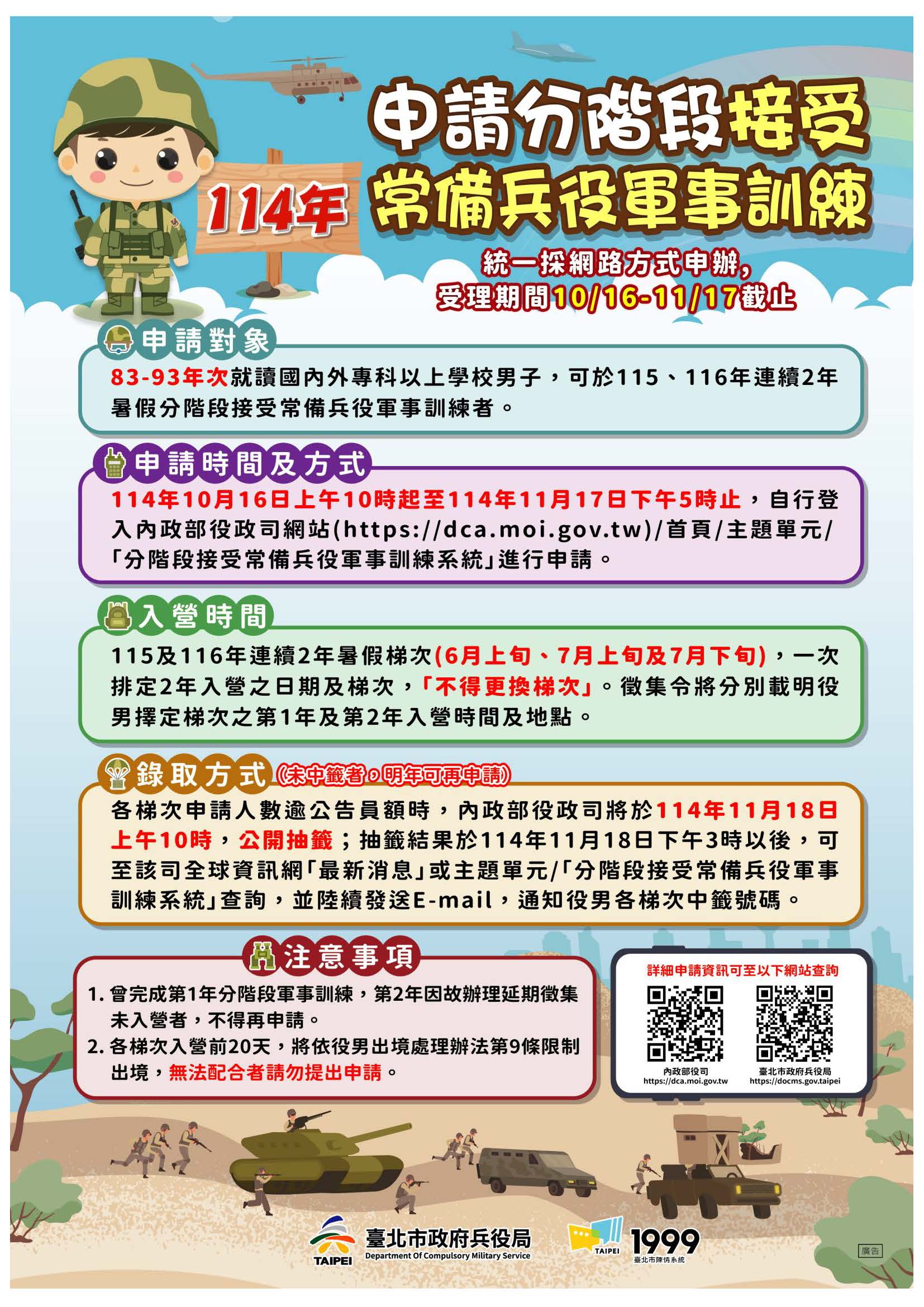 114年分階段軍事訓練申請自10月16日起開放網路報名...