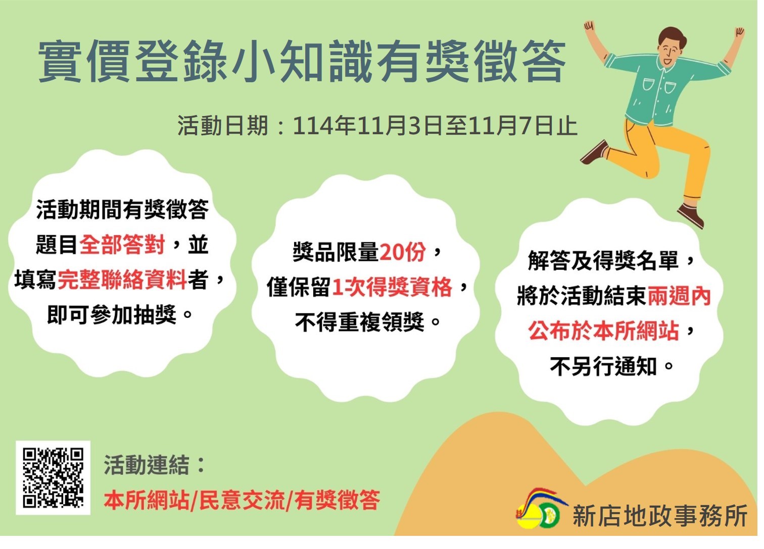 新店地政網站「實價登錄小知識」有獎徵答活動開始...