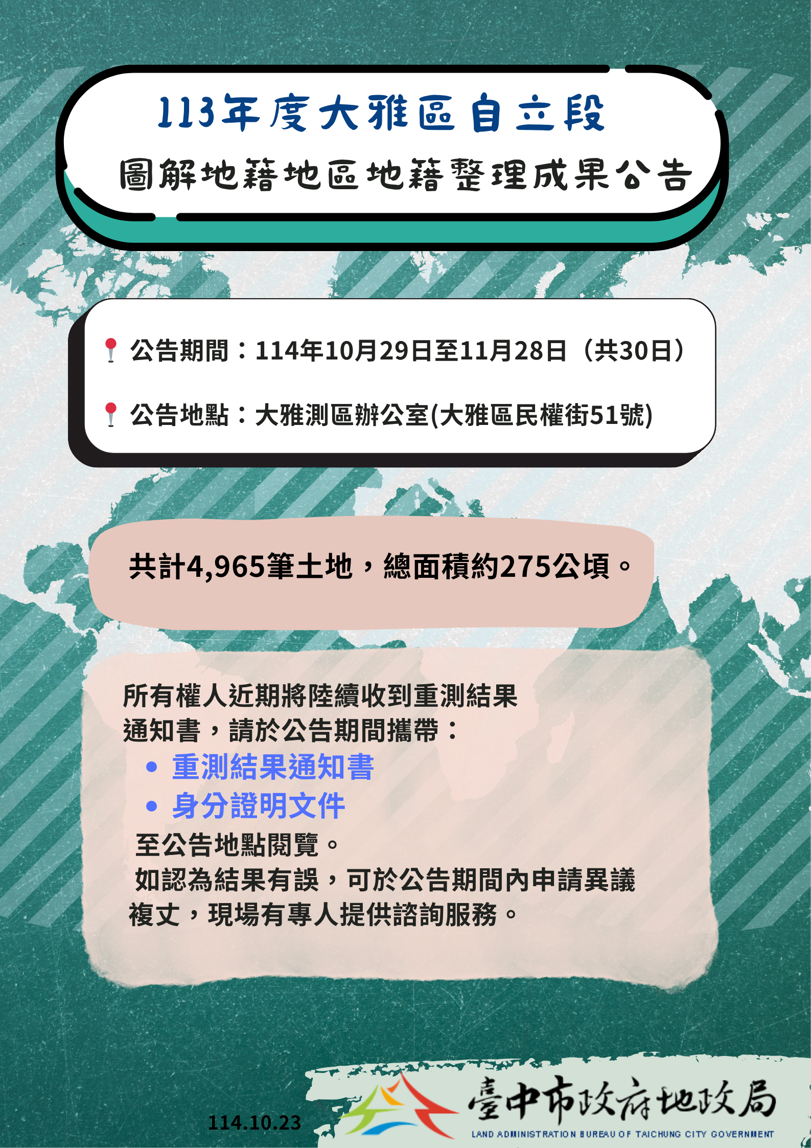土地所有權人注意！ 大雅自立段地籍整理成果公告...