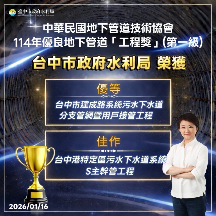 水利局深耕污水建設傳捷報  中市府獲優良地下管道工程獎...