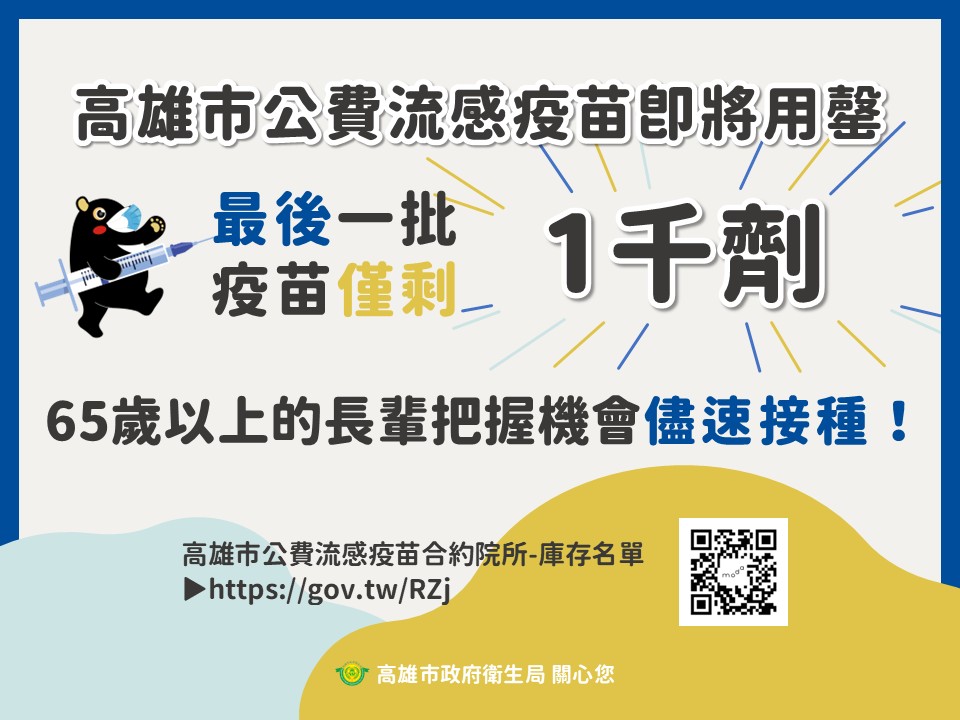 高市公費流感疫苗庫存1千劑將用罄  高風險族群快接種產生保護力