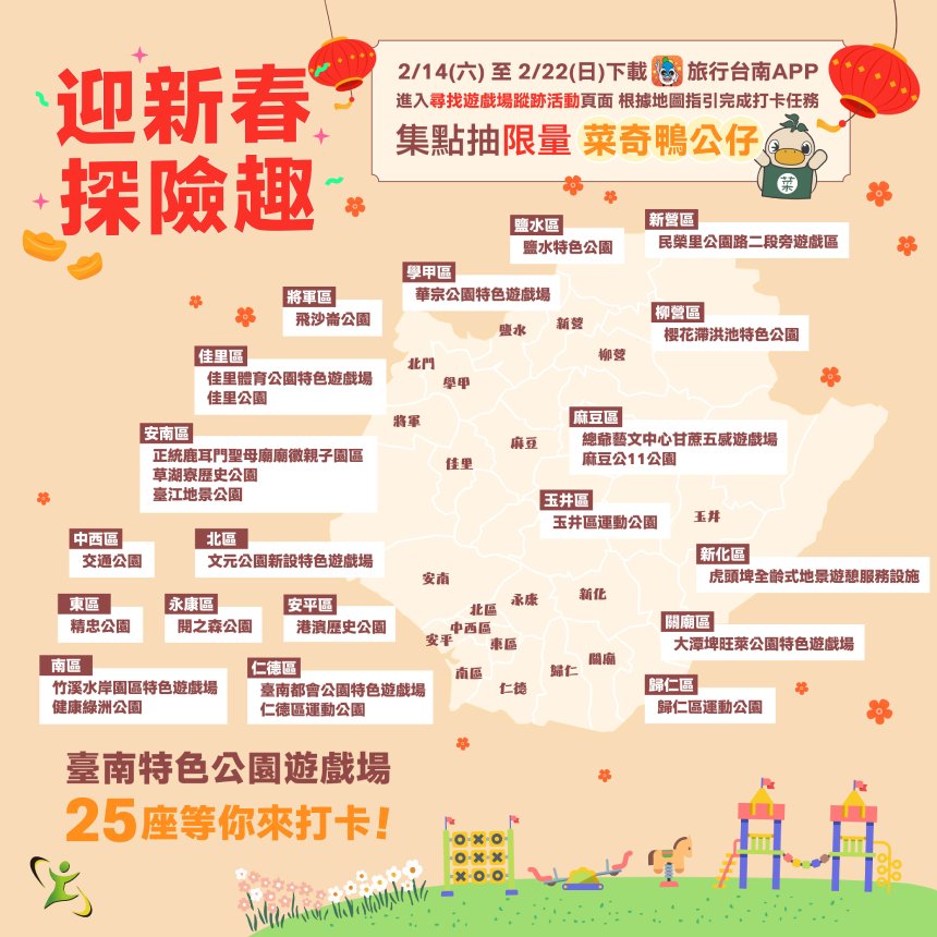 台南25座特色遊戲場變身打卡地圖  抽超萌「菜奇鴨」...