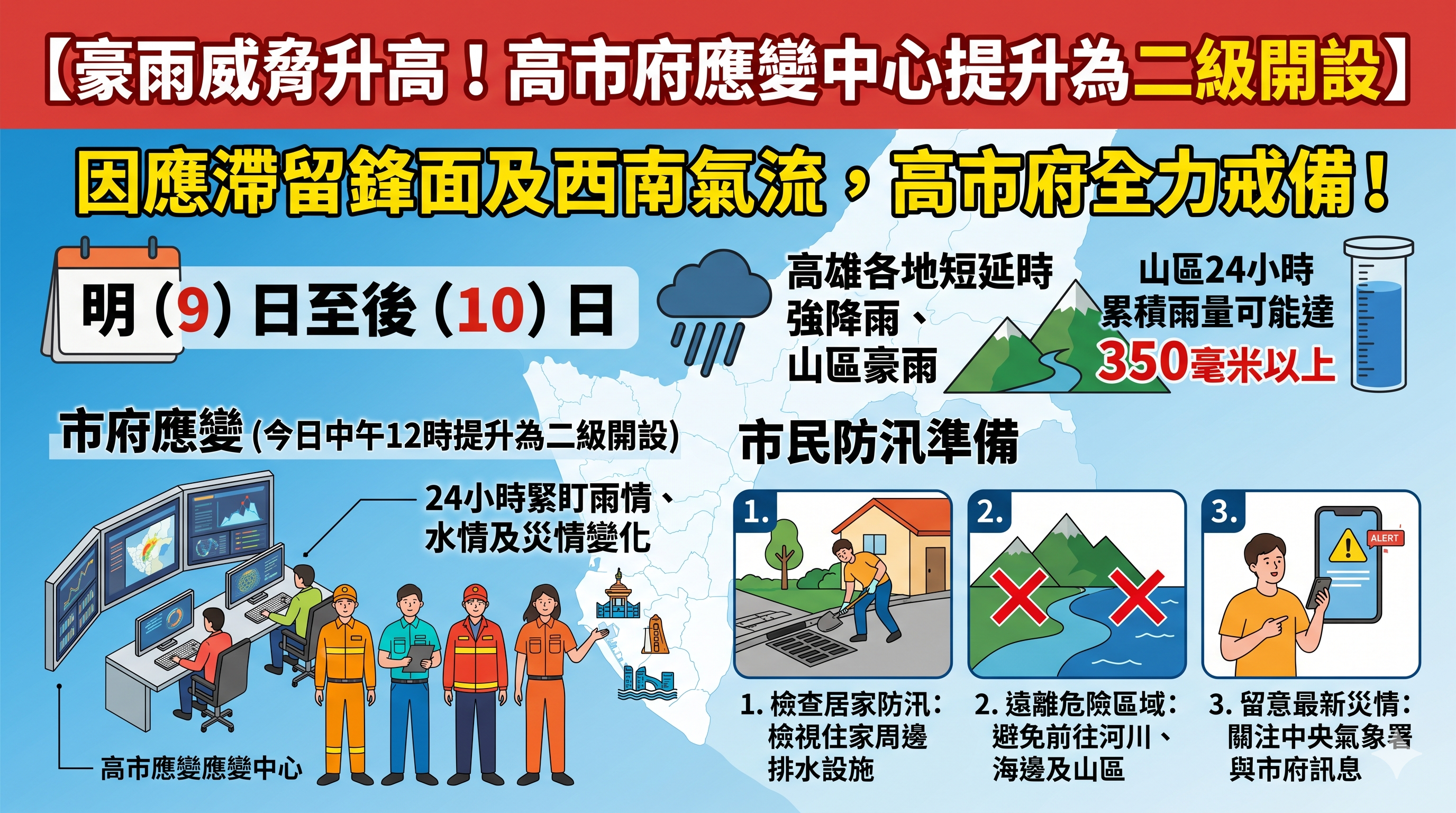 豪雨威脅升高  高市府應變中心提升至二級開設、全力戒備