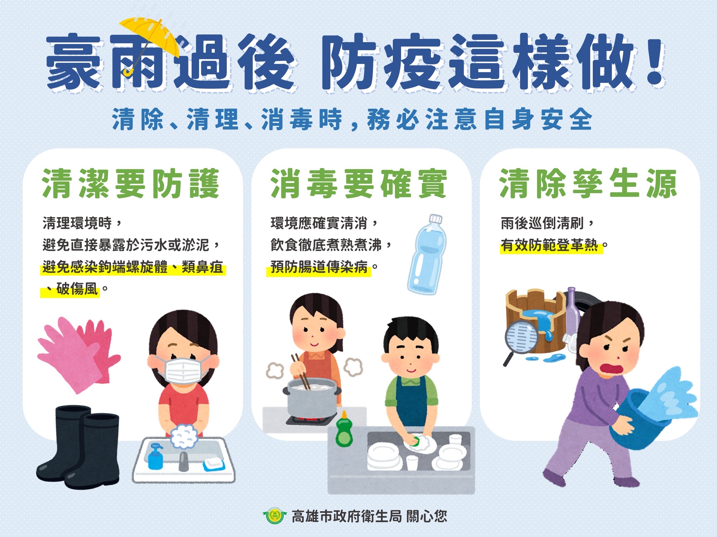 豪雨過後整頓環境需謹慎防護    衛生局籲民眾落實清消遠離傳染病