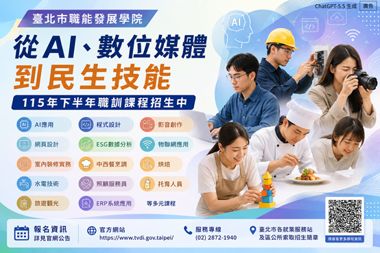從AI、數位媒體到民生技能　北市職能學院115年下半年職訓...