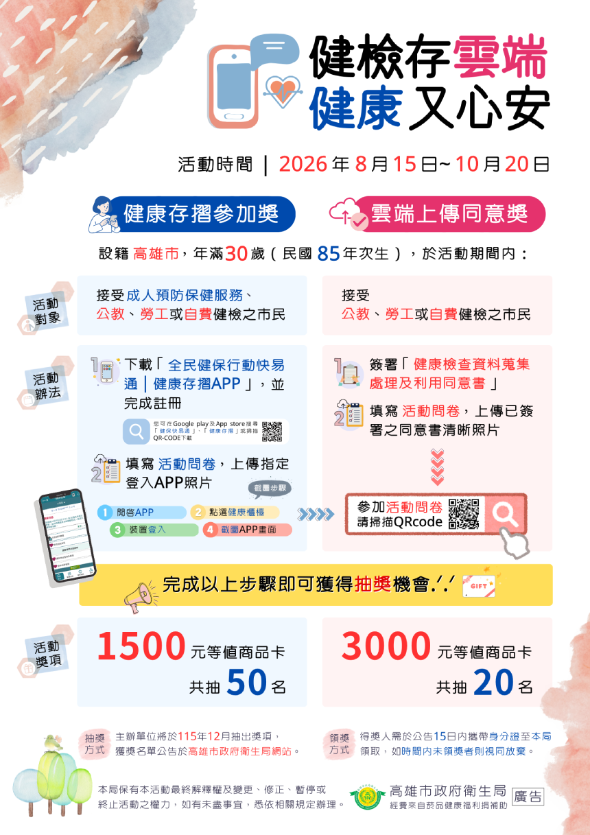 高市衛生局「健檢存雲端」抽獎8/15開跑  做完健檢下載健康...